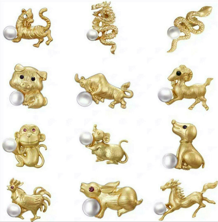 鼠牛虎兔龙蛇马羊猴鸡狗猪十二生肖款别针天然珍珠玛瑙胸花胸针