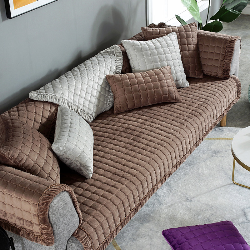 冬季简约现代毛绒沙发垫坐垫子布艺全包加厚防滑沙发套巾防滑定做