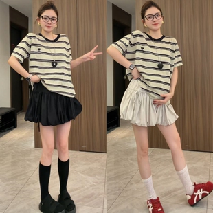 孕妇两件套夏季新款时尚慵懒风条纹上衣猪鼻扣花苞裙2026年韩版女