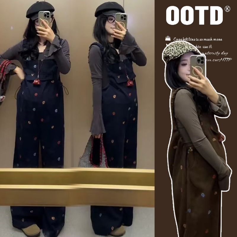 孕妇喇叭袖上衣+刺绣背带裤套装