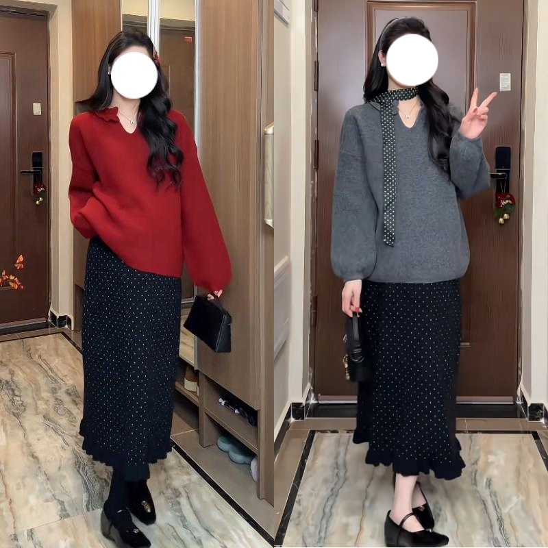 孕妇秋冬针织慵懒套装无托腹波点