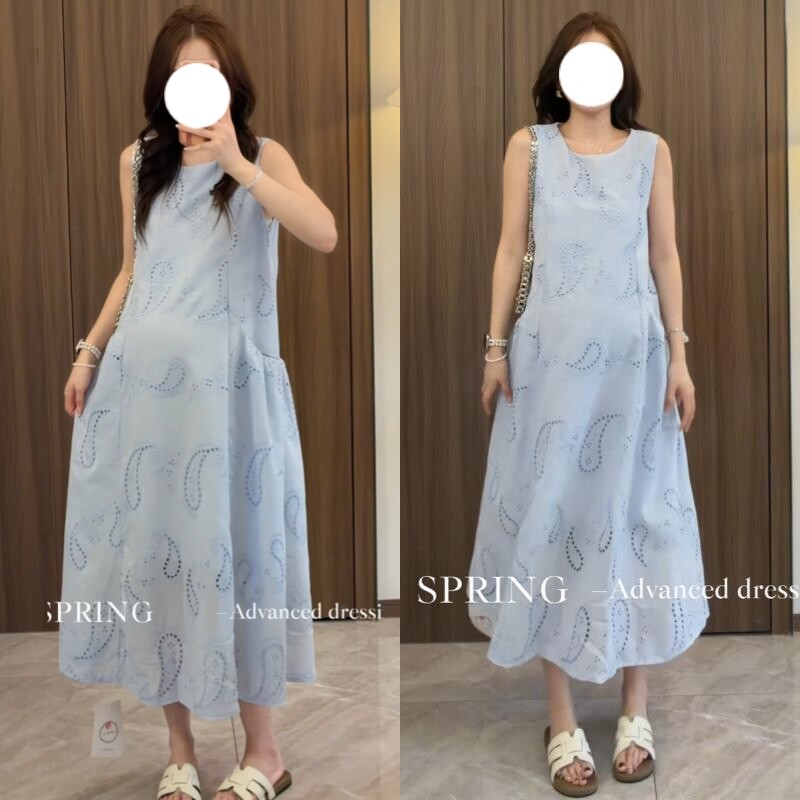 孕妇夏季连衣裙设计感慵懒风纯色镂空无袖中长款裙子2026年韩版女