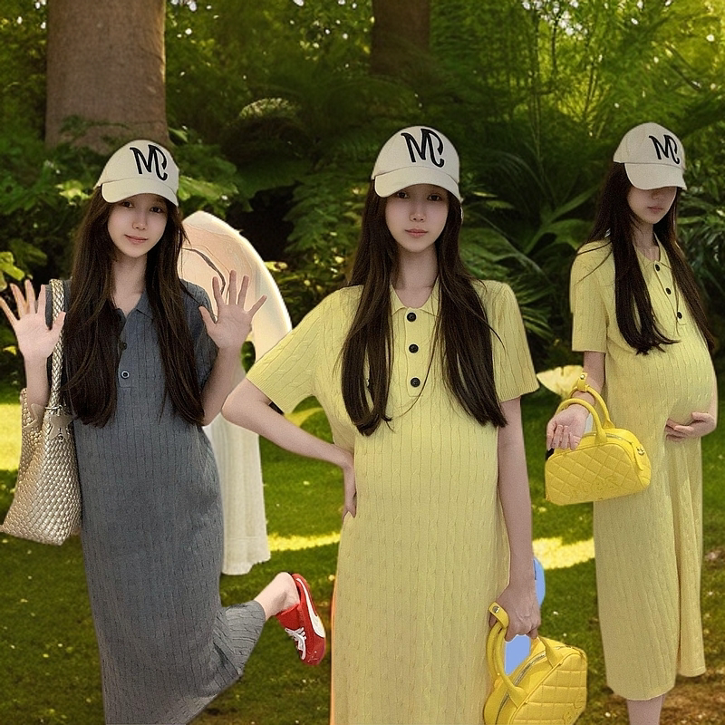 孕妇装2025年夏季新款时尚百搭显瘦翻领针织短袖连衣裙女休闲宽松