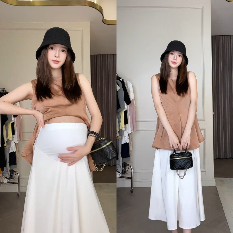孕妇无袖圆领上衣+半身裙套装