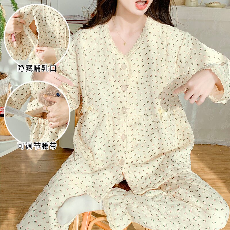 孕妇秋冬月子碎花哺乳套装