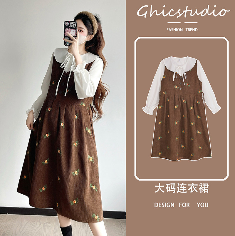 休闲孕妇装秋季新款2025时尚娃娃领百搭长袖衬衫设计感背心裙套装