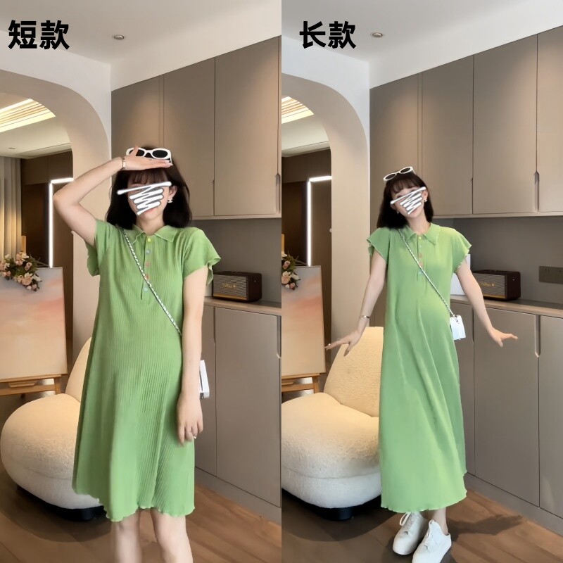 时尚孕妇装2024夏装新款翻领短袖中长款休闲外穿显瘦减龄女连衣裙