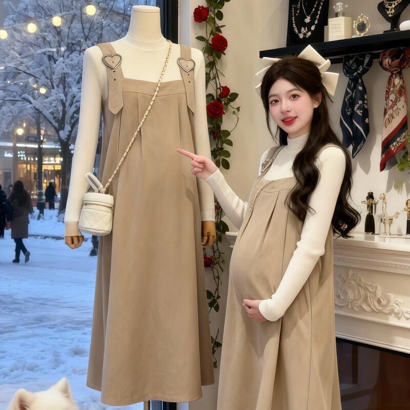孕妇长袖上衣+宽松背带裙套装