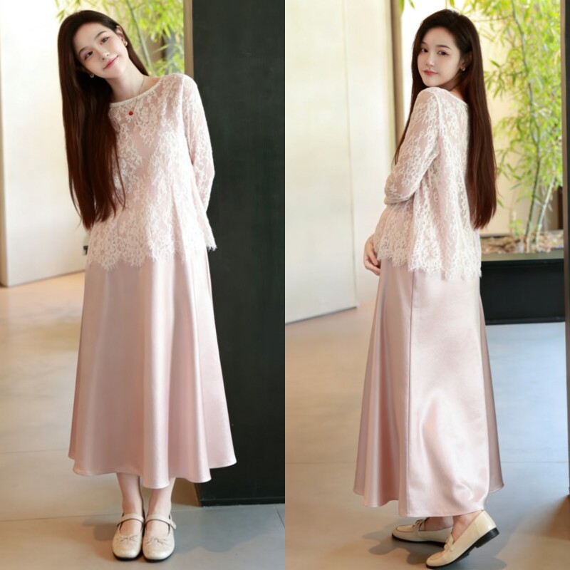 孕妇两件套夏季新款时尚蕾丝长袖上衣搭配中长款吊带裙2026韩版女