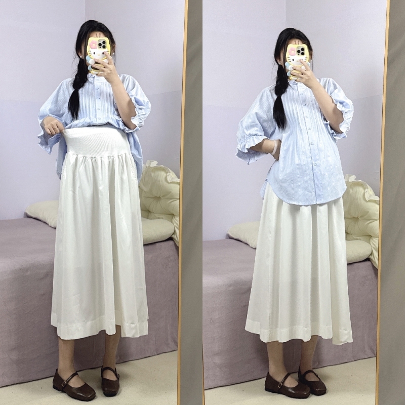 孕妇夏季时尚2025新款短袖设计感休闲纯色压褶衬衫时髦半身裙套装