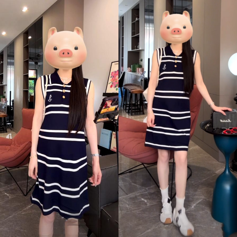 2025夏季孕妇装时尚无袖设计感条纹新款Polo领中长款洋气连衣裙女