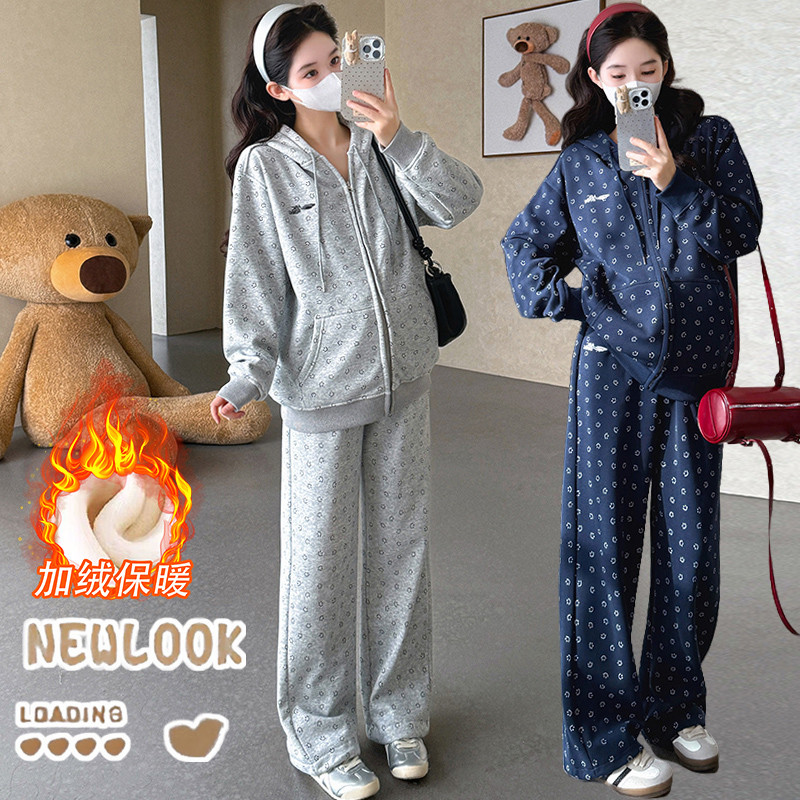 孕妇秋冬套装时尚减龄宽松印花加绒连帽卫衣猪鼻扣阔腿裤2025韩版