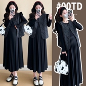 百褶长袖 2025孕妇装 小香风百搭马甲洋气韩版 套装 连衣裙两件套 秋季