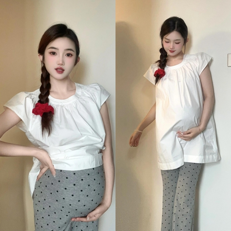 孕妇套装夏装休闲中长款宽松百搭纯色上衣微喇波点长裤两件套2025
