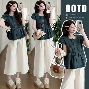 复古孕妇夏装白色休闲阔腿裤搭配洗水牛仔娃娃衫套装百搭女2025