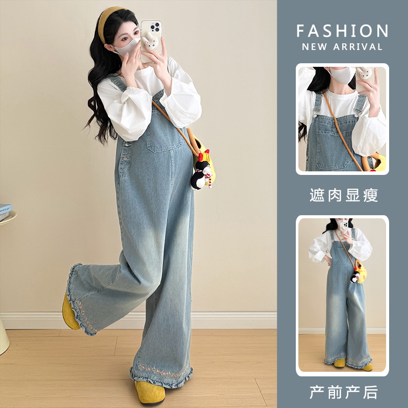 孕妇长袖上衣+刺绣牛仔背带裤