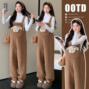 孕妇装新款秋冬可爱加绒加厚宽松背带裤搭配花边打底2025两件套