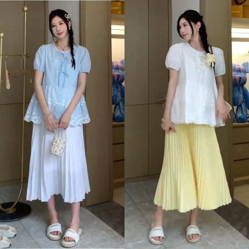 孕妇两件套夏季新品减龄设计感刺绣系带上衣托腹半身裙2025韩版女