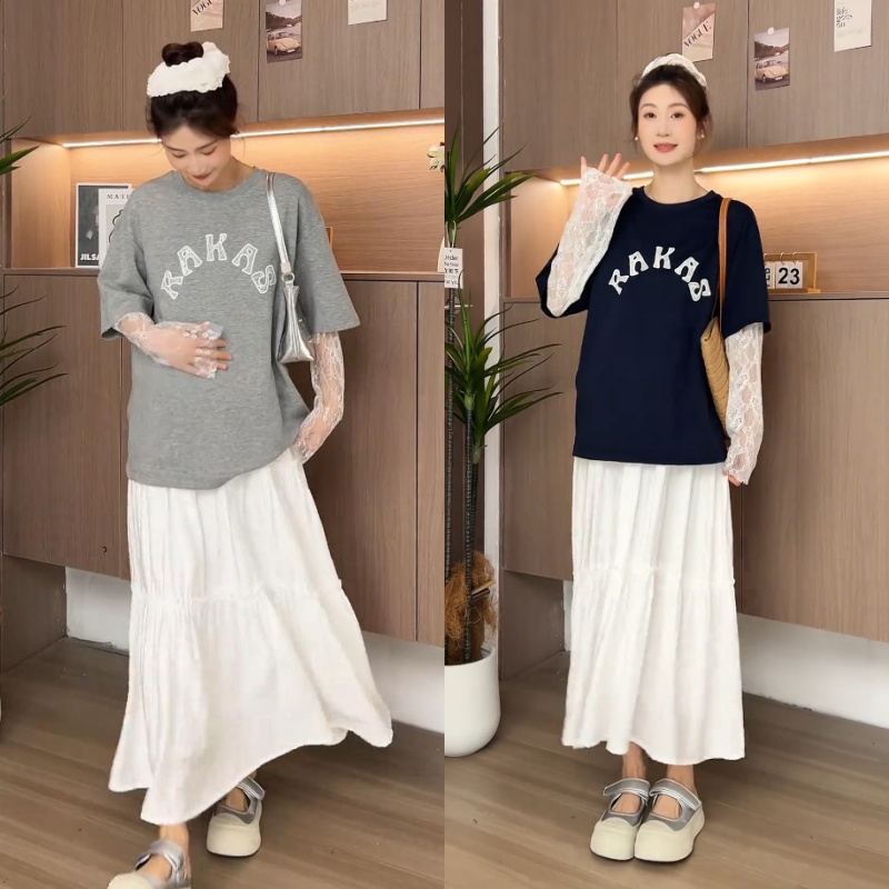 孕妇装2025春秋新款设计感套装拼接蕾丝上衣无托腹半身裙女两件套