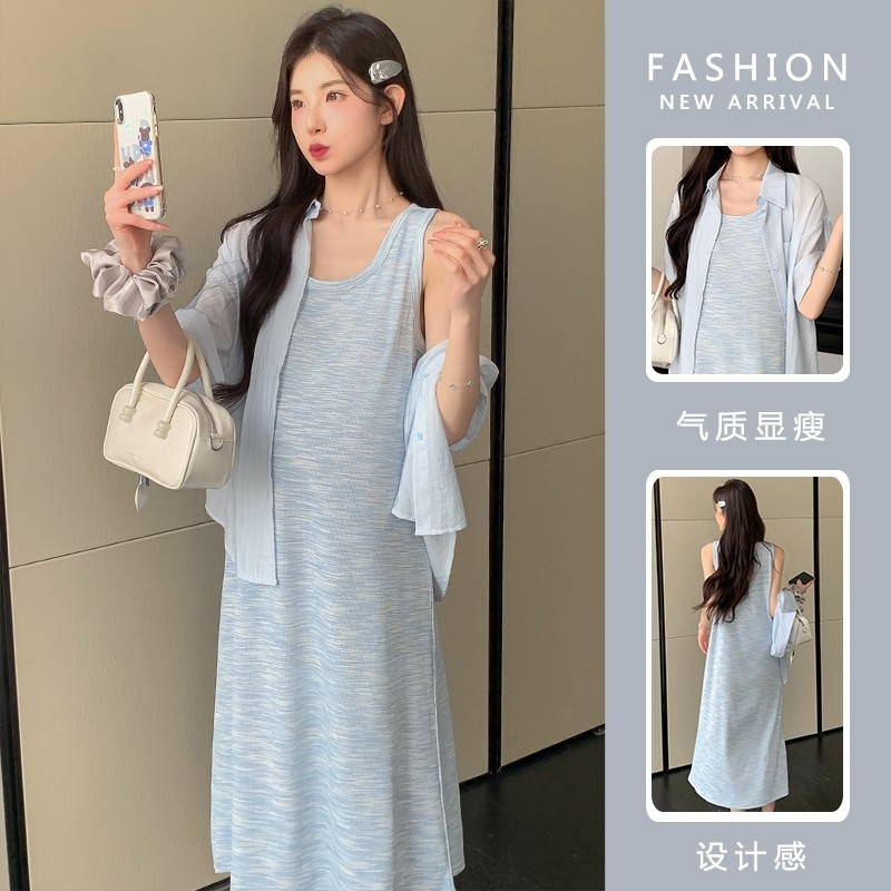 休闲时尚2025新款短袖外穿防晒衬衫孕妇装百搭背心裙设计感两件套