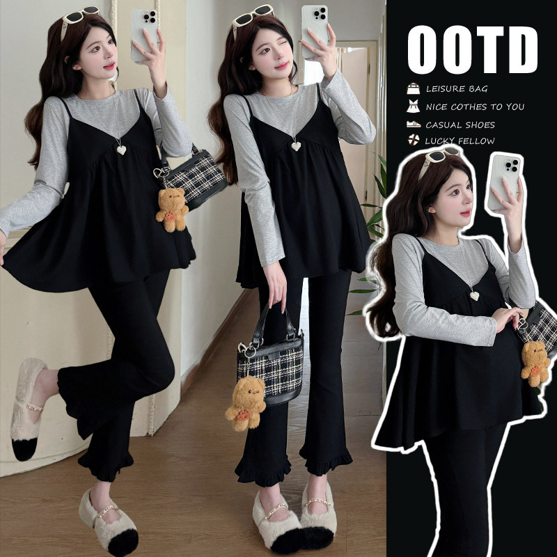 秋装设计感孕妇装套装2025新款假两件长袖上衣托腹九分裤两件套