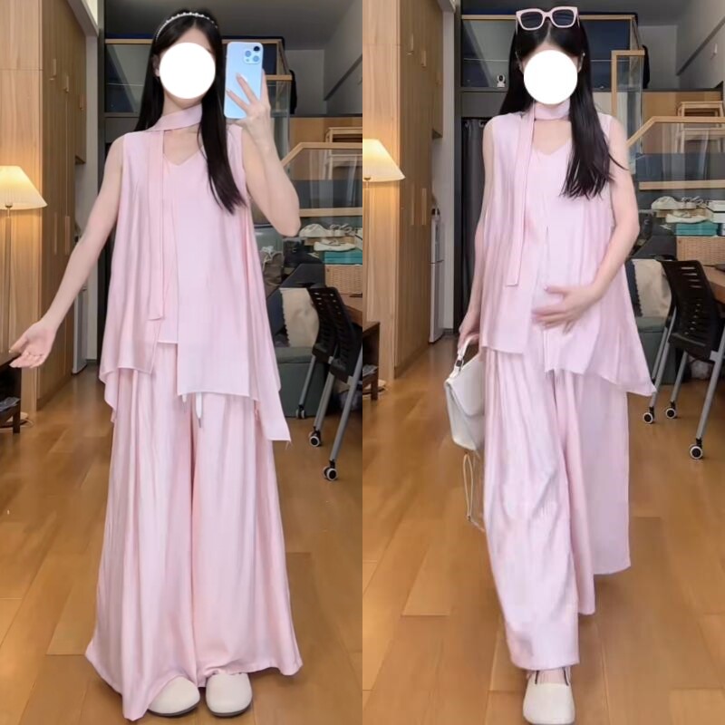 孕妇两件套夏季新款时尚设计感无袖上衣猪鼻扣阔腿裤2026年韩版女