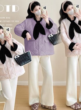 孕妇菱形格子撞色棉服外套