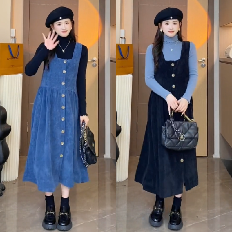 孕妇装秋季套装花边高领长袖打底上衣中长款背带裙两件套2023新款