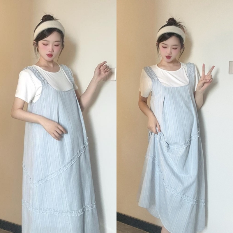 2025夏季孕妇装休闲短袖圆领纯色上衣百搭设计感时尚背带裙两件套
