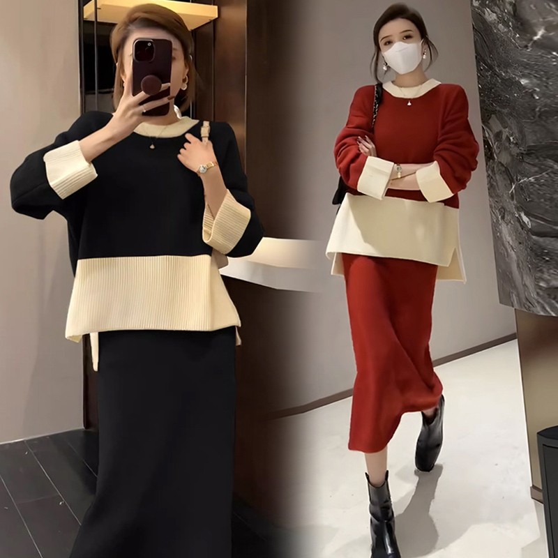 孕妇装早秋新款2024长袖设计感拼接撞色圆领上衣纯色半身裙两件套