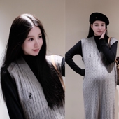 秋冬打底纯色上衣搭配针织宽松中长款 2025新款 孕妇装 背心裙两件套