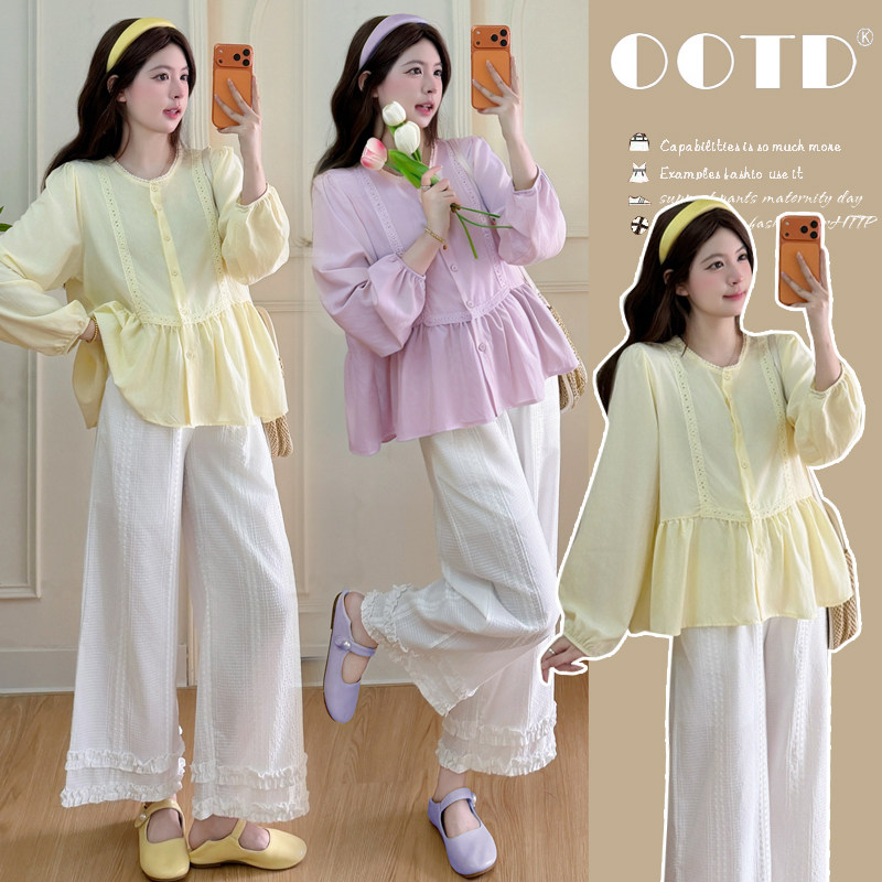 孕妇两件套春夏新款时尚大码长袖上衣花边阔腿裤2026年韩版女