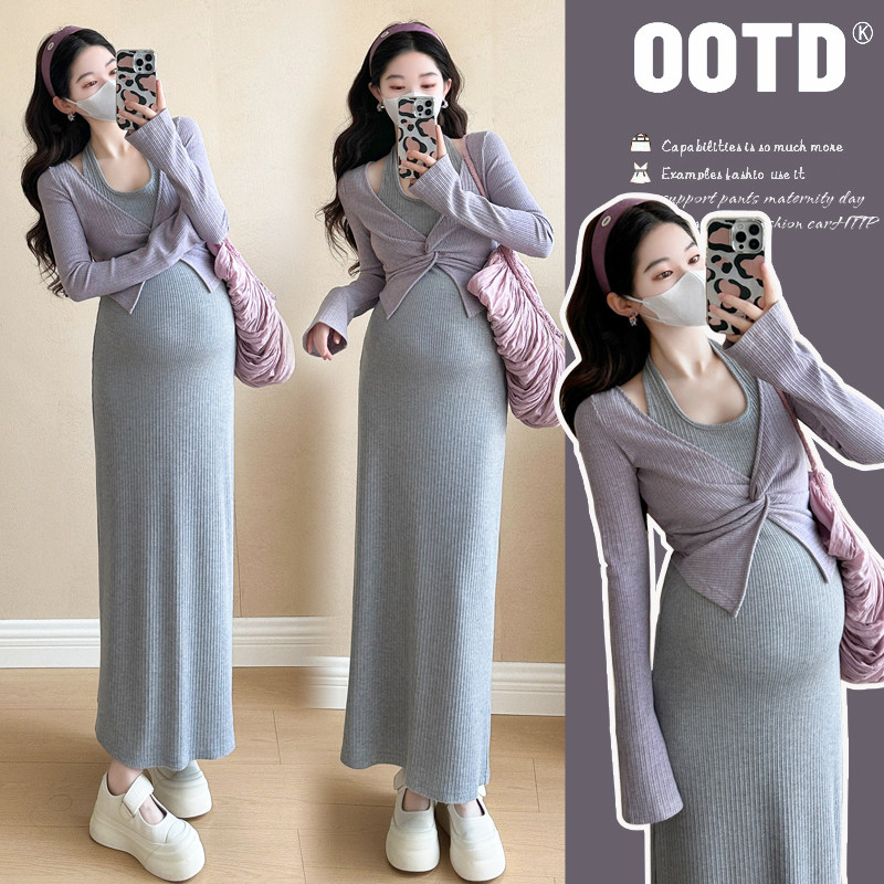 2025春秋孕妇套装新款设计感外穿设计感百搭针织撞色连衣裙两件套