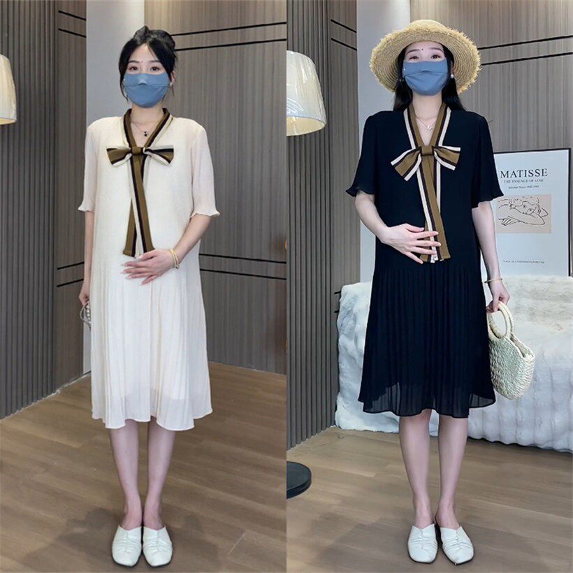 夏季法式蝴蝶结压褶孕妇连衣裙