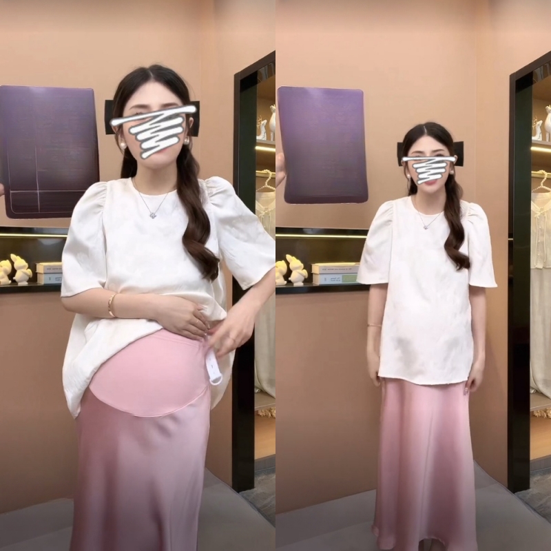 时尚孕妇装套装夏季新款纯色开衩托腹半身裙短袖方领设计感两件套