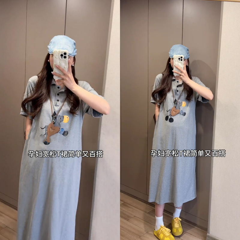 夏季孕妇装2025新款短袖POLO领中长款时尚洋气刺绣设计感女连衣裙