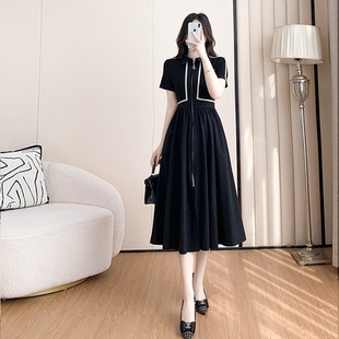 高级感黑色连衣裙女2025夏季新款时尚气质收腰显瘦a字裙短袖长裙