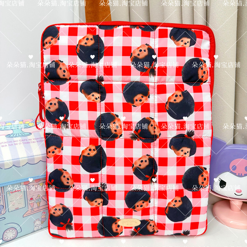 日系卡通蒙奇奇红色格子16寸笔记本电脑包可爱超轻防震手拿内胆包