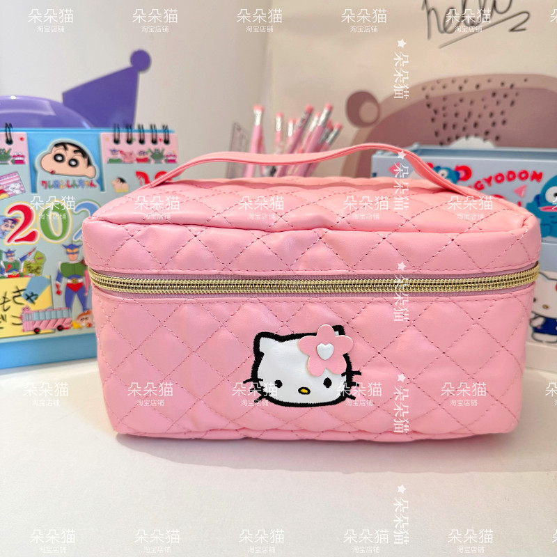 日系卡通可爱猫咪pu手提化妆包粉色软萌菱格收纳包大容量多功能