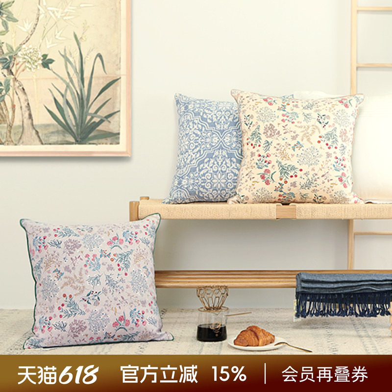 阳春小镇美式田园小碎花护腰靠垫双面棉麻抱枕沙发床头亚麻靠枕