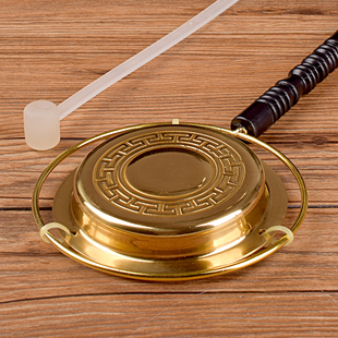 纯手敲黄铜木柄铛子佛具法器寺庙佛事用品道家手打长柄铜当子档子