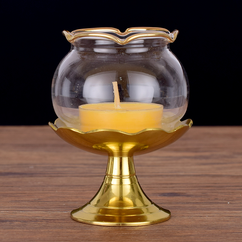 纯供奉玻璃罩防风黄铜蜡烛台底托观音长明灯佛前供灯小酥油灯底座