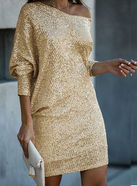 2024春夏新款跨境女装亚马逊 wish中裙斜肩珠片连衣裙礼服裙