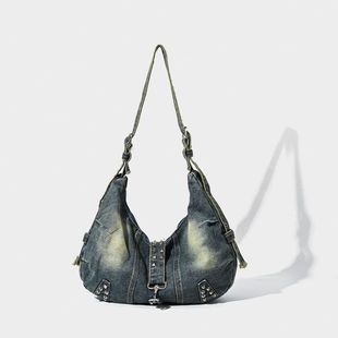 大容量托特包水洗牛仔包铆钉美式 潮流ins风单肩包通勤斜挎包跨境
