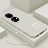 创意男女款 适用华为p50手机壳新款 液态硅胶华为p60pro直边全包防摔p60art保护套p50e简画熊和兔网红潮牌个性