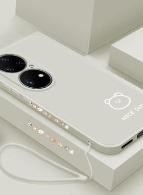 适用华为p50手机壳新款液态硅胶华为p60pro直边全包防摔p60art保护套p50e简画熊和兔网红潮牌个性创意男女款