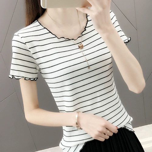 Трикотажный свитер, летняя футболка с коротким рукавом, по фигуре, в западном стиле