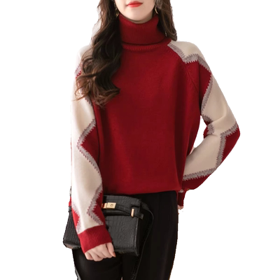 高领红色毛衣女2024秋冬