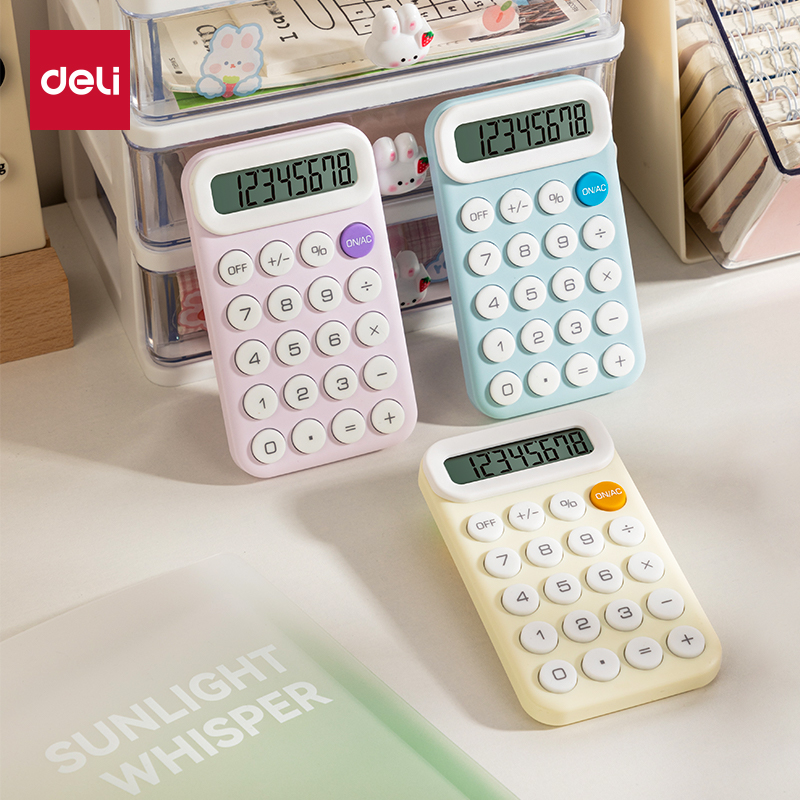 得力计算器迷你可爱计算器清新马克龙色学生用计算机女神款迷你计算器单手握持硅胶柔软按键计算器办公用