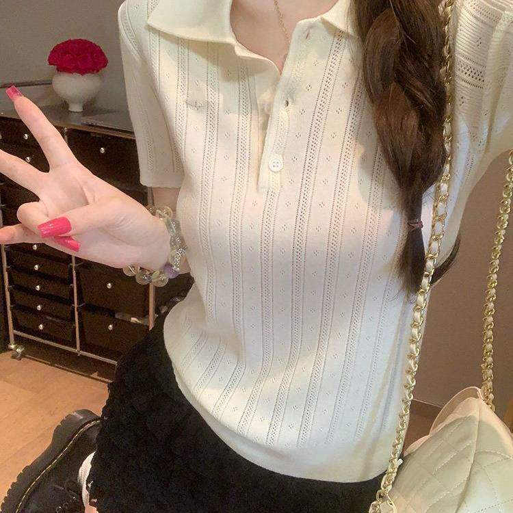 韩系杏色polo领冰丝针织衫短袖女夏季纯欲bm风修身正肩常规款上衣